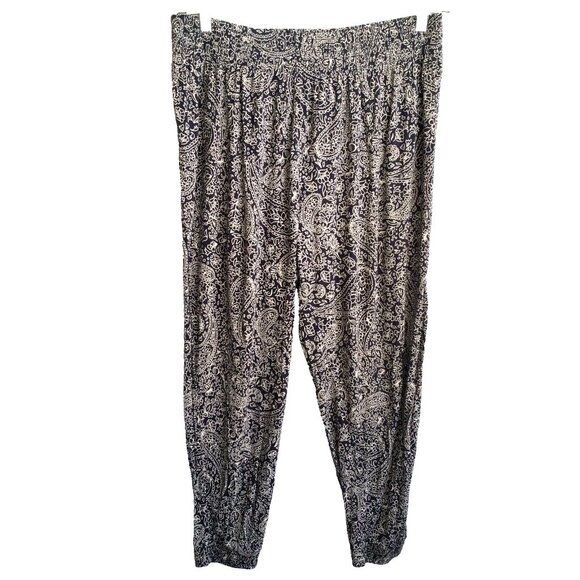 H&M Pants Large Harem Viscose Flowy Boho Soft Paisley Joggers Navy Blue Beach - Picture 1 of 14